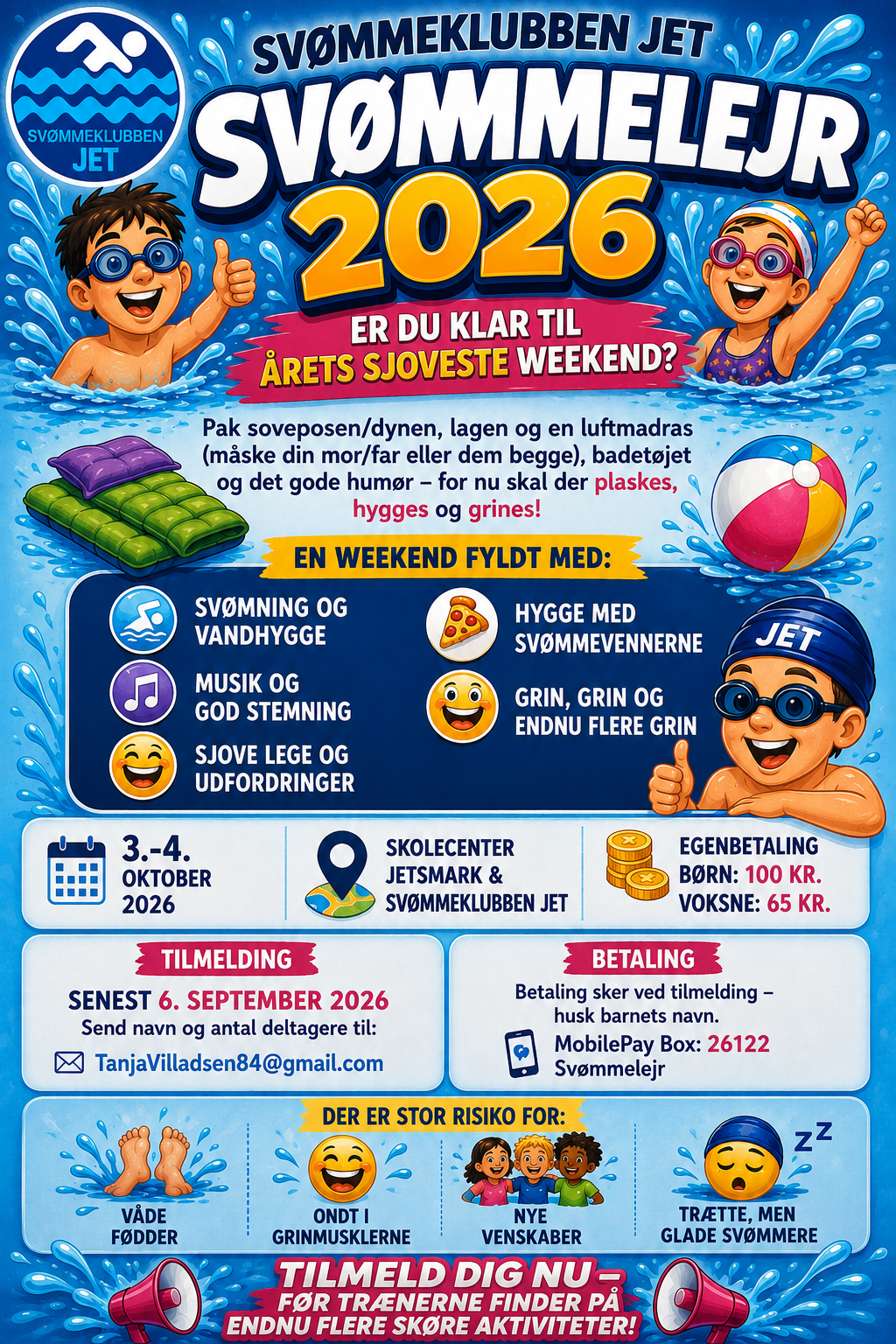 Plakat for Svømmeklubben JETs svømmelejr 2026